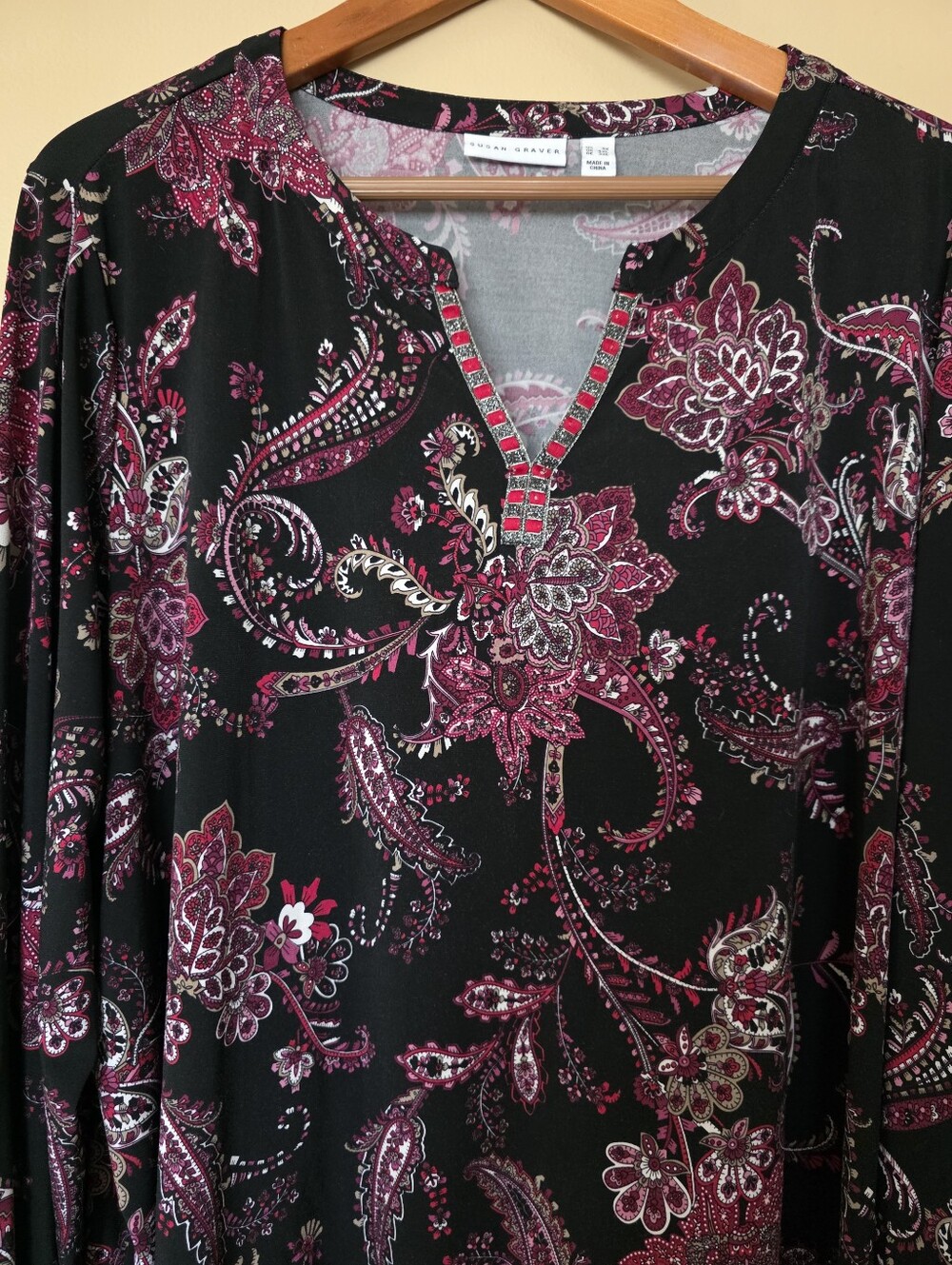 Susan Graver Liquid Knit Dark Feminine Floral Paisley Popover Tunic Top 3X Work